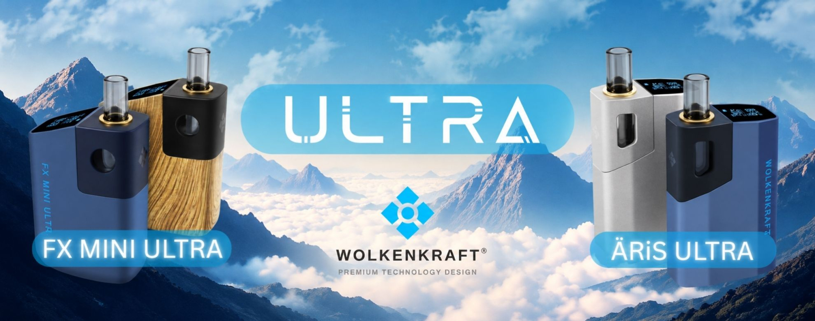 The WOLKENKRAFT ÄRiS ULTRA vaporizer with patented ECA technology features a titanium chamber, fully isolated air path, and precise temperature control from 100°C to 220°C. The WOLKENKRAFT ÄRiS ULTRA vaporizer is available in gunmetal and midnight blue an