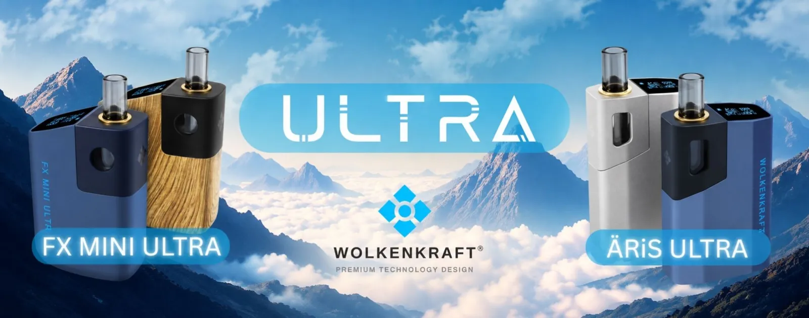 The WOLKENKRAFT ÄRiS ULTRA vaporizer with patented ECA technology features a titanium chamber, fully isolated air path, and precise temperature control from 100°C to 220°C. The WOLKENKRAFT ÄRiS ULTRA vaporizer is available in gunmetal and midnight blue an